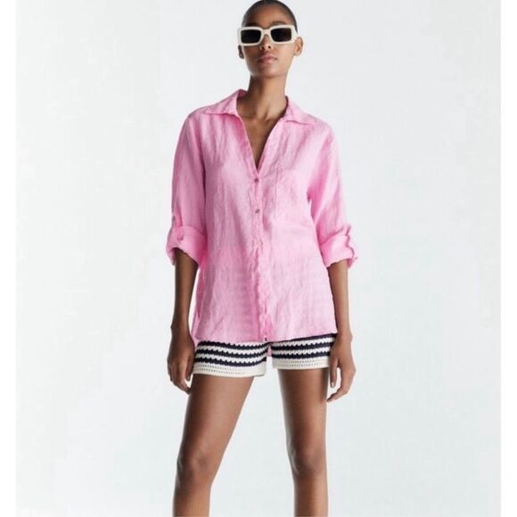 Zara Long Sleeve Linen Button Down Shirt S Pink - Picture 2 of 11